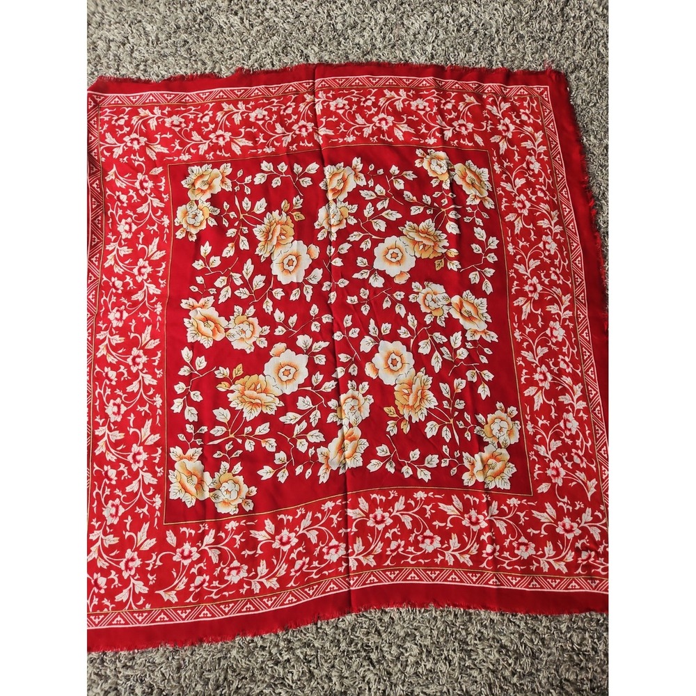 Red Floral Print Square Scarf Made In Japan Acrylic Table Cover 31x30" Decor
